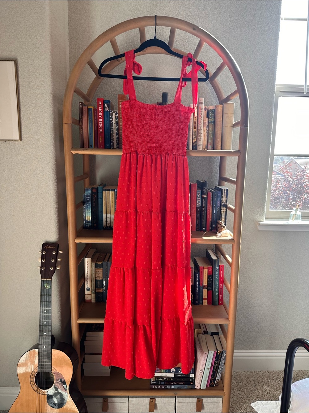 Red Smocked Dress with Tie Straps